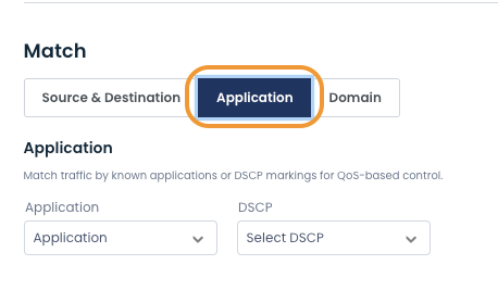 Interface showing application selection for traffic matching in network settings.